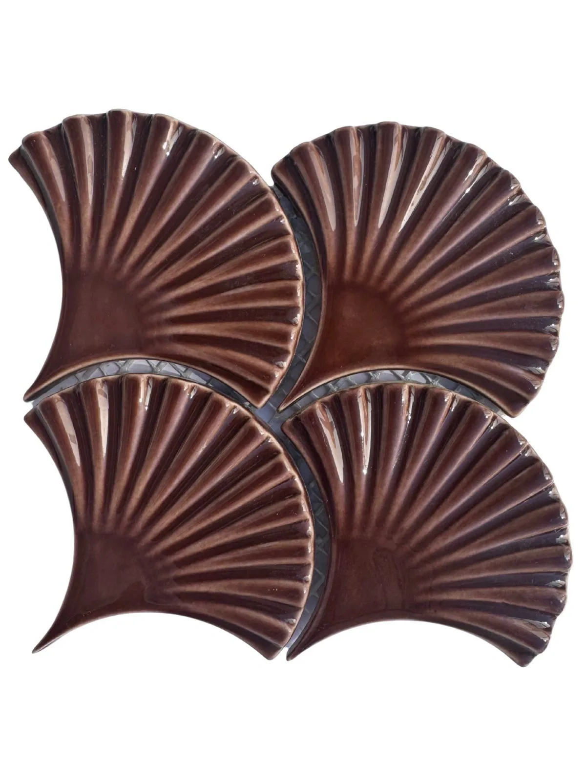 Brown fan-shaped glazed ceramic mosaic pieces.