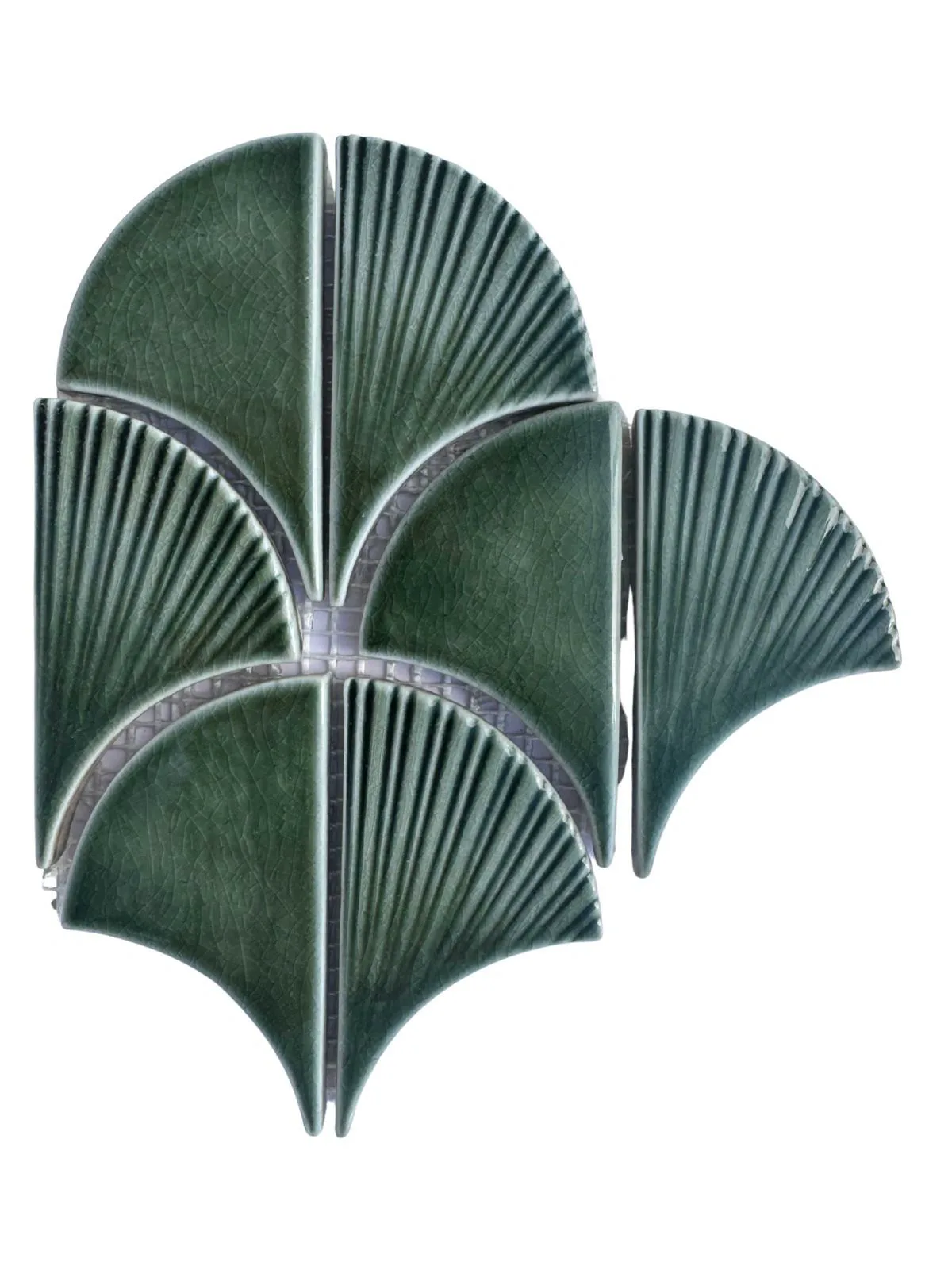 Green fan-shaped glazed ceramic mosaic pieces.