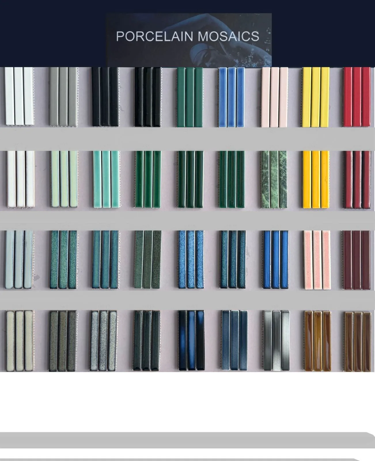 Porcelain mosaic tile display in varied colours and formats.