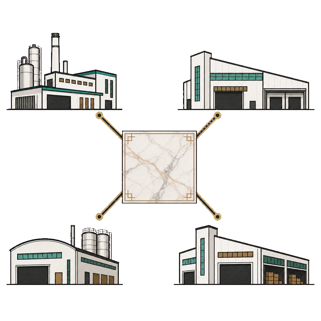 Four factory buildings connected to a central ceramic tile sample.