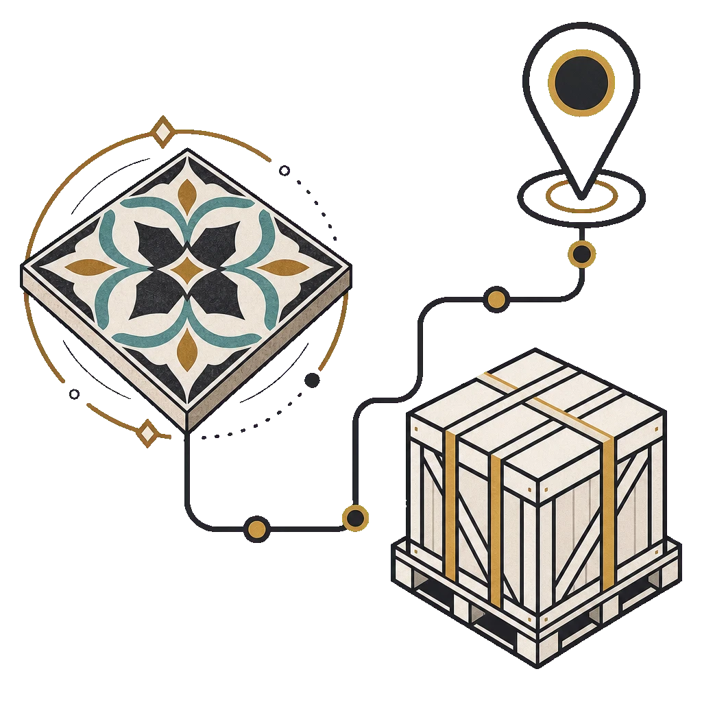 A tile sample connected by a route to a warehouse crate and location pin.