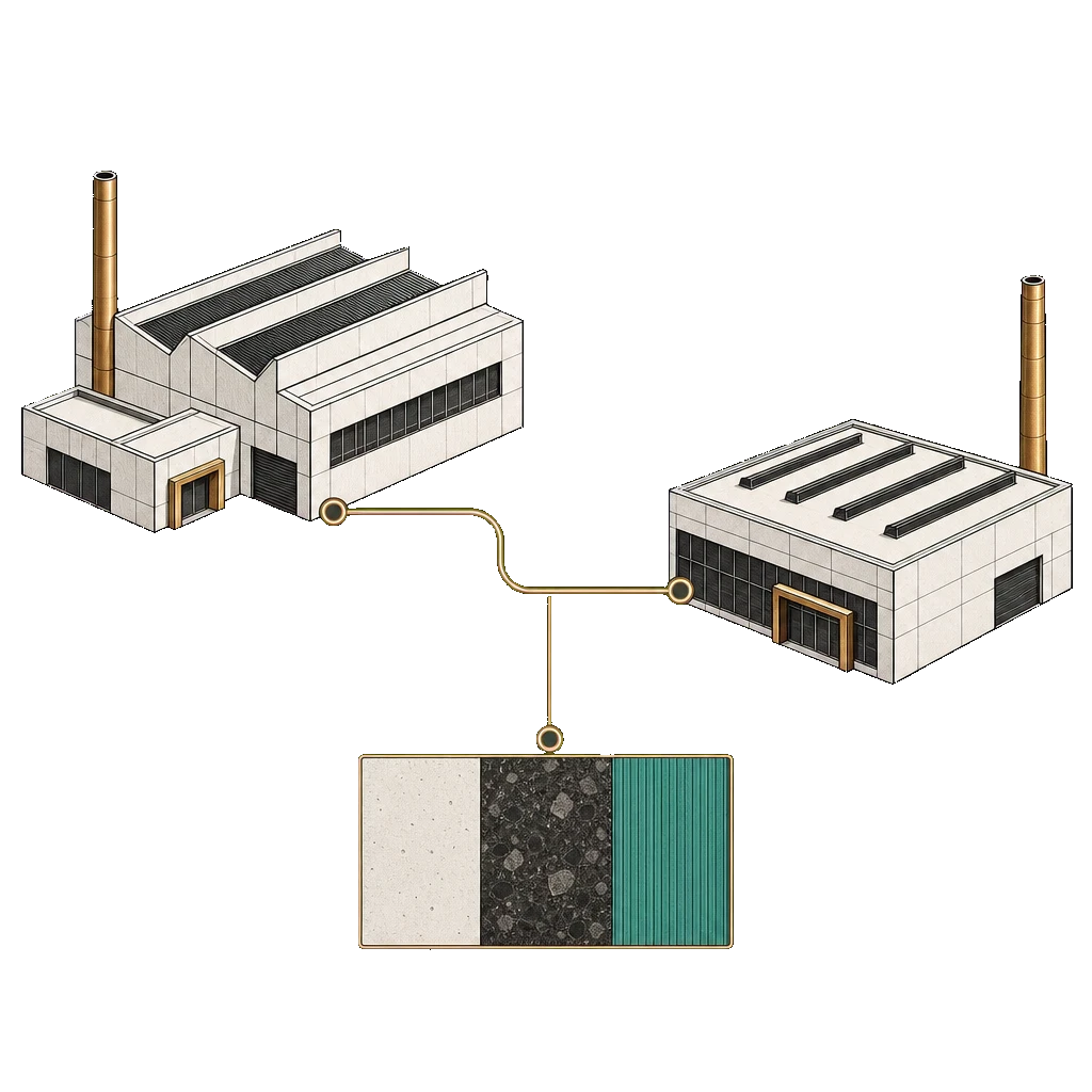 Two factory buildings connected to architectural material swatches.