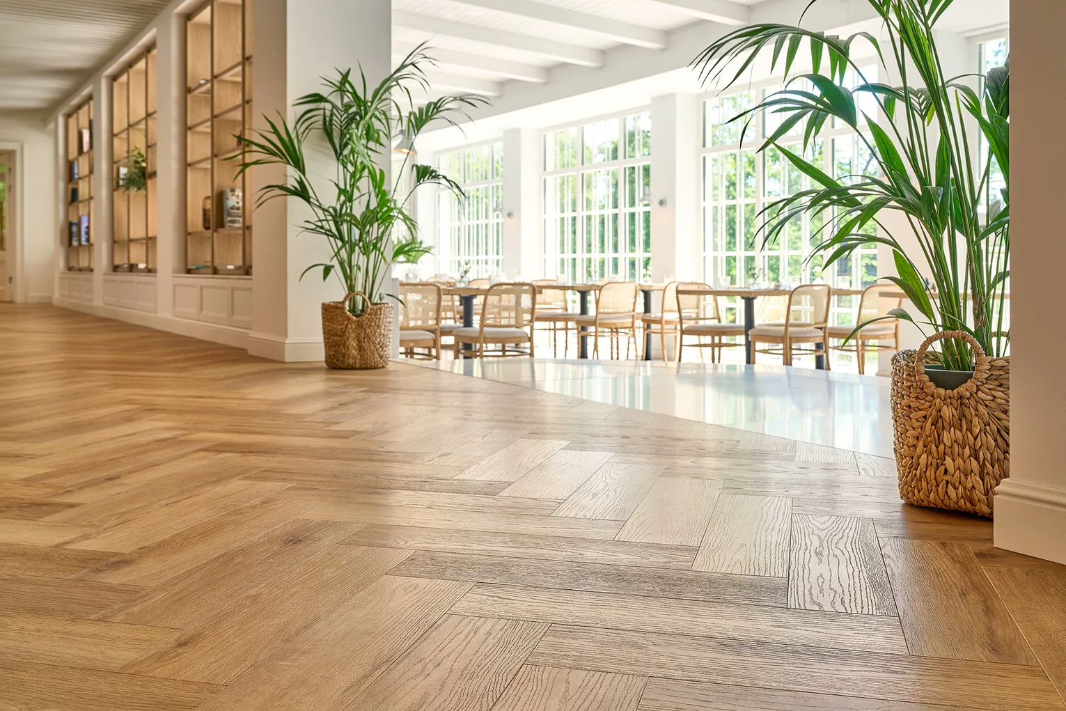 Light herringbone flooring in a bright interior with tall windows and plants.