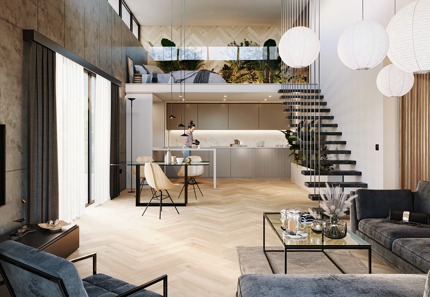 Light herringbone flooring in a contemporary open-plan living room with a dining area and kitchen.