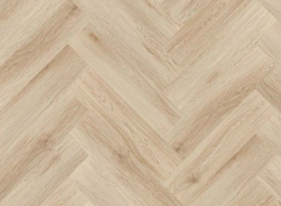 Harlow Oak mineral core flooring in a herringbone pattern.