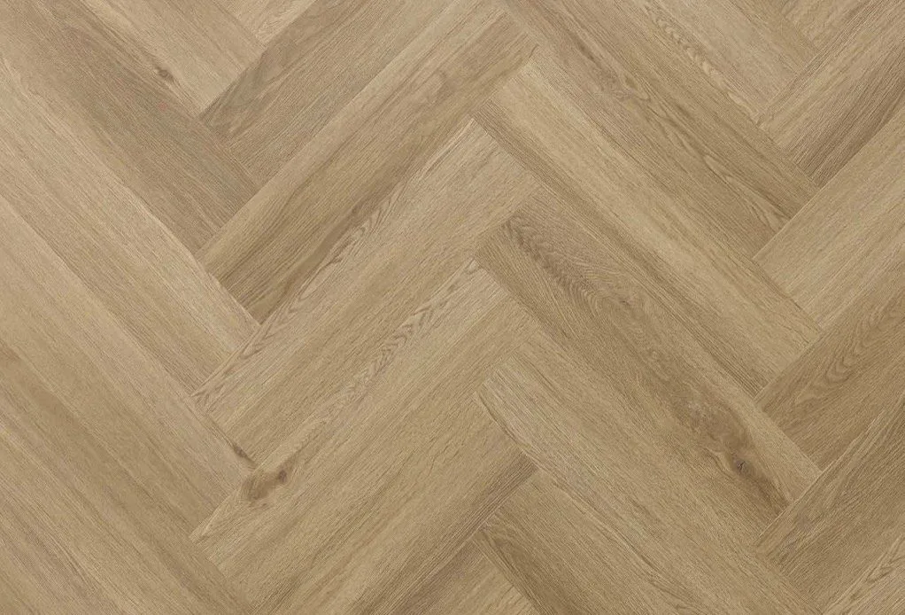 Burbon Oak mineral core flooring in a herringbone pattern.