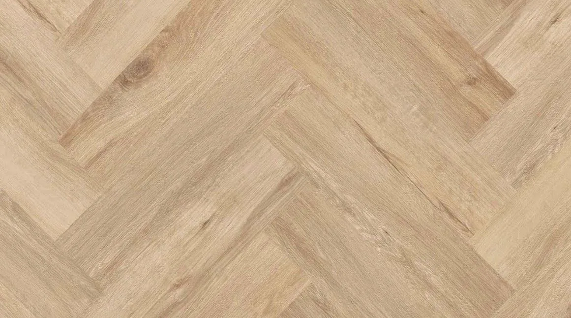 Oak Wembley mineral core flooring in a herringbone pattern.