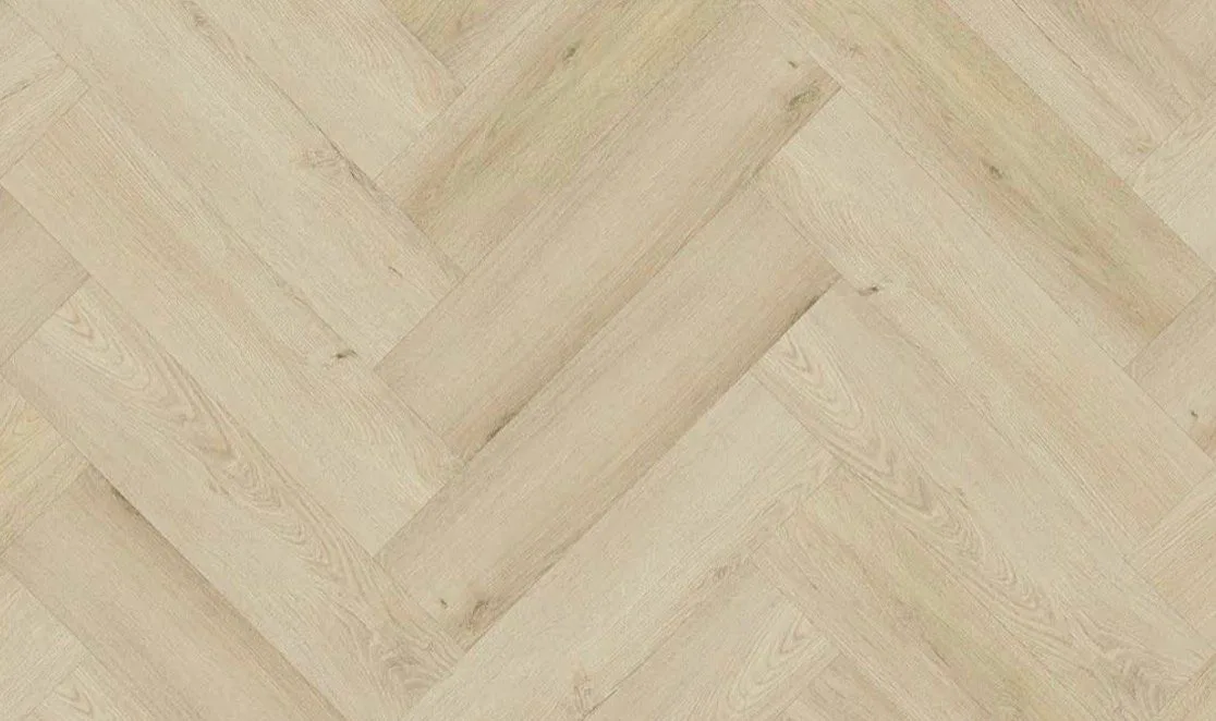 Preston Oak mineral core flooring in a herringbone pattern.