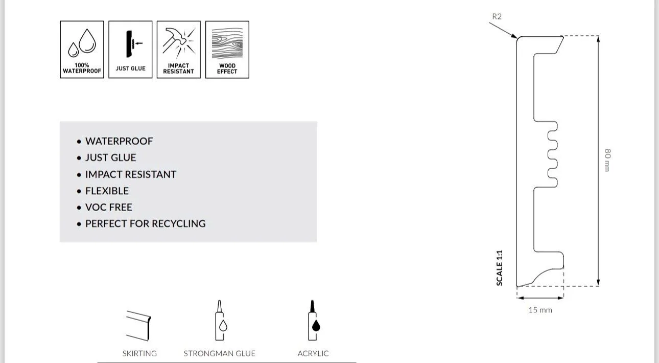 Skirting board specification sheet showing its profile and features.