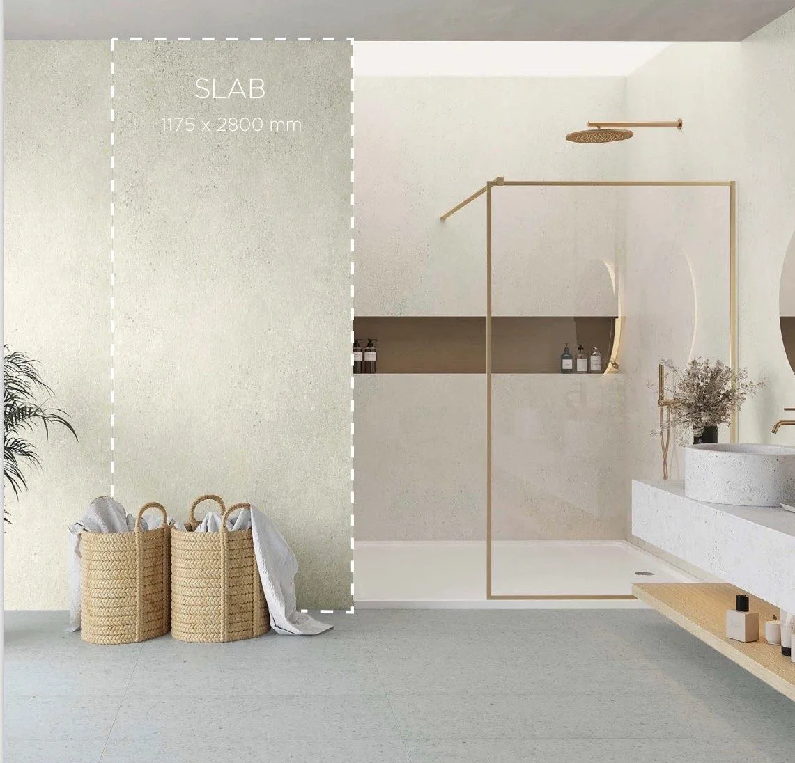 Modern bathroom featuring a large-format mineral wall slab.