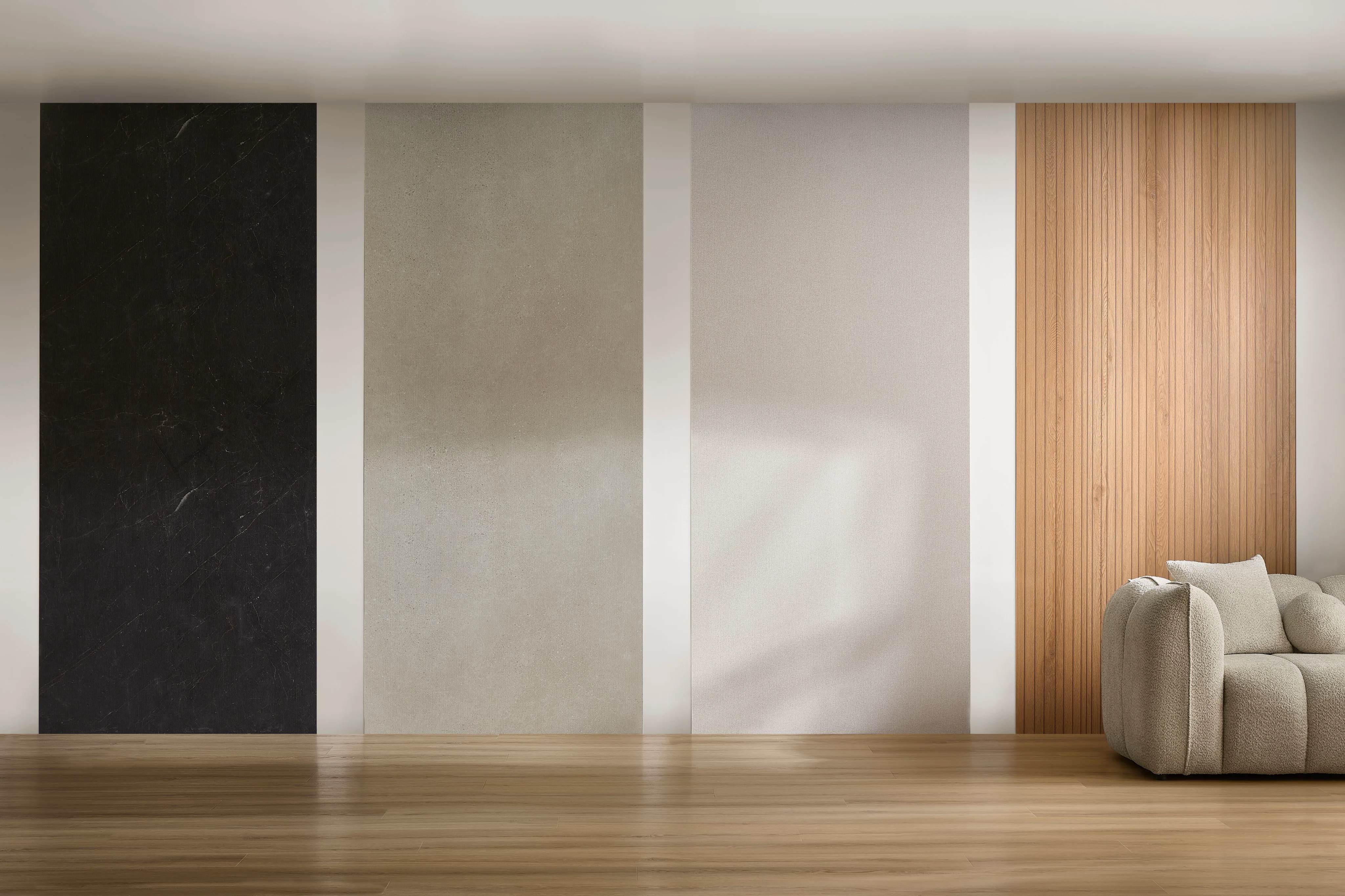 Four MODEE mineral wall panel textures displayed side by side in a finished interior.
