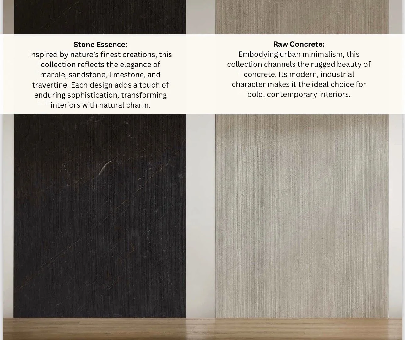 Stone Essence and Raw Concrete mineral wall panel collection overview.