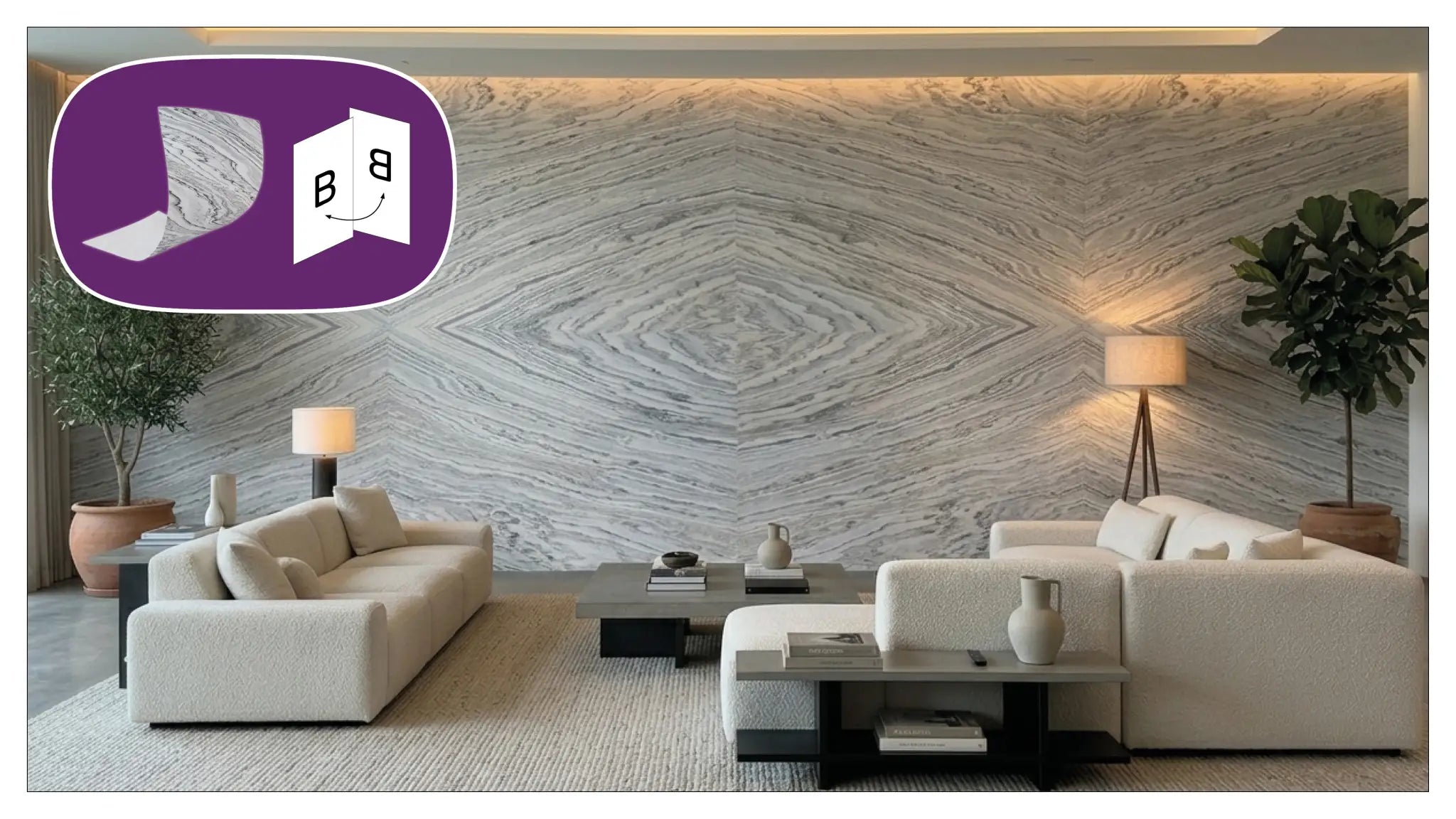 Real stone veneer — Bookmatched stone veneer wall in a contemporary living room.