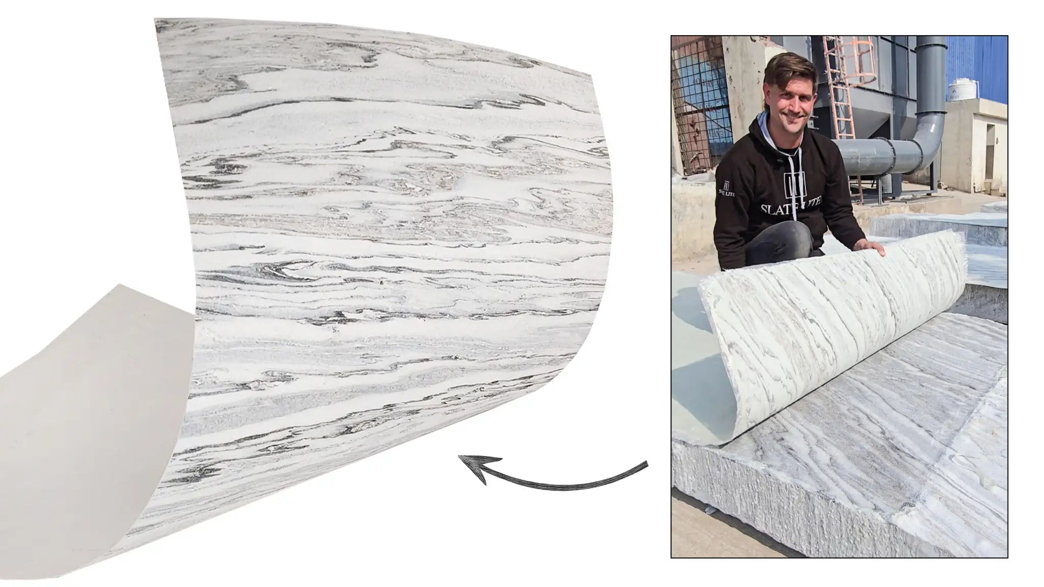 Real stone veneer — Thin and flexible natural stone veneer sheet being curved.
