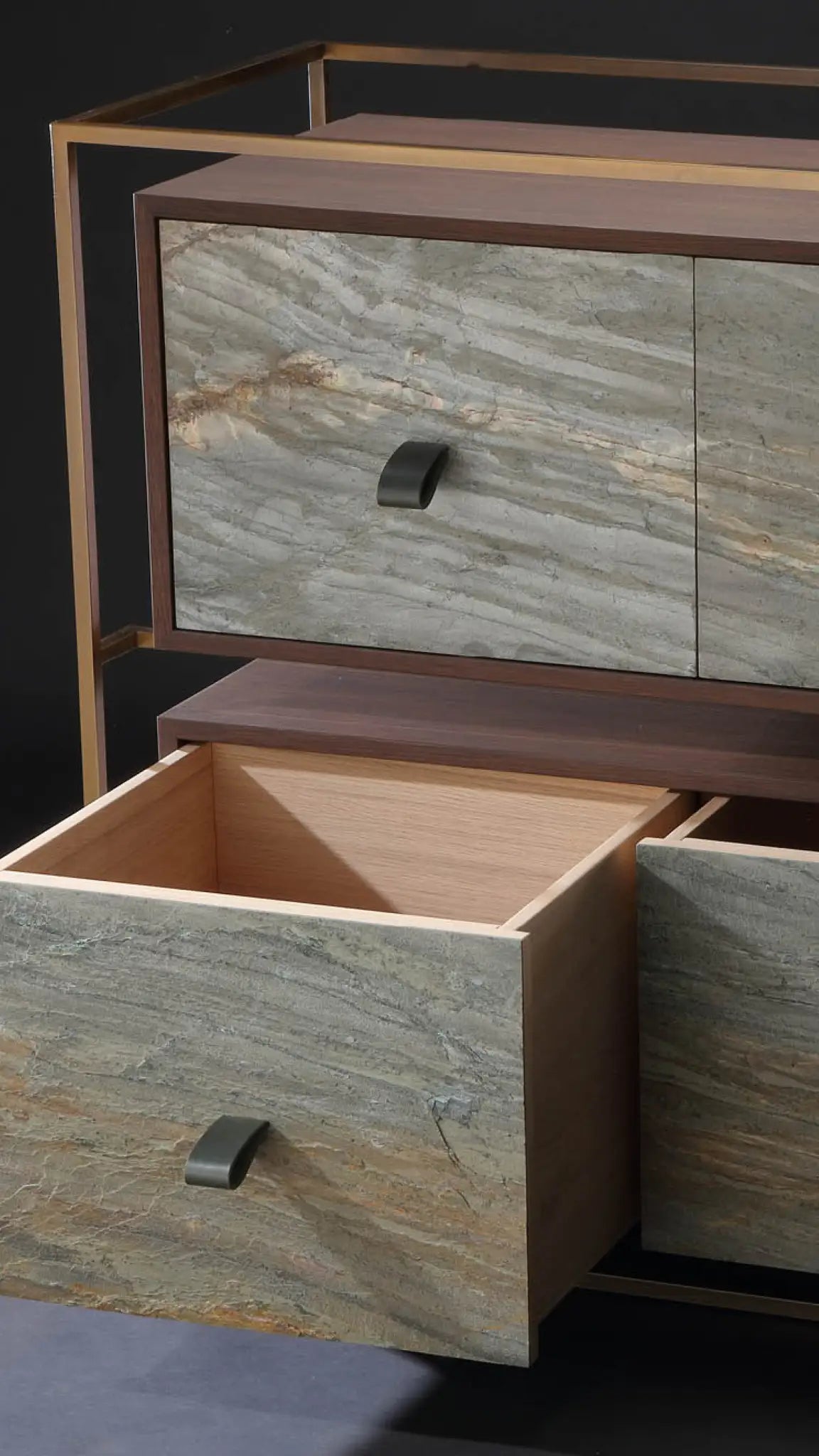 Real stone veneer — Furniture fronts finished with textured natural stone veneer.
