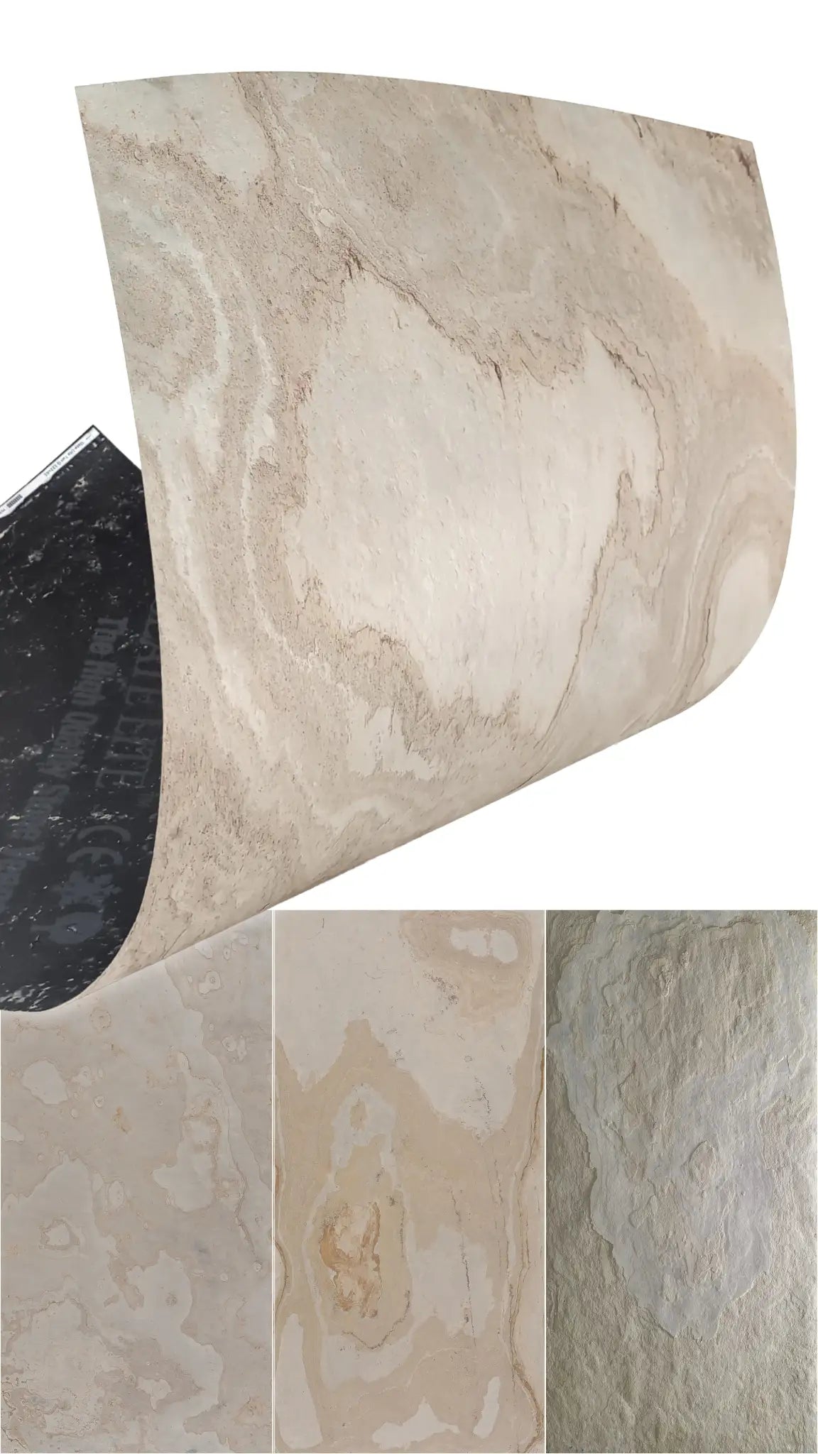 Real stone veneer — Slate-Lite Tan stone veneer sheet and surface samples.