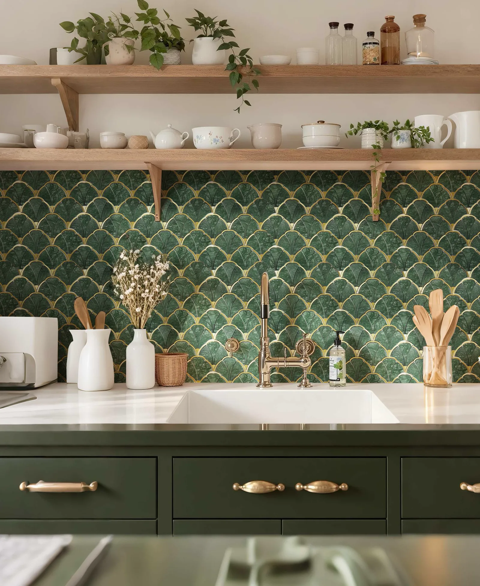 Finished kitchen with a dark green and brass scallop mosaic backsplash beneath oak shelves.