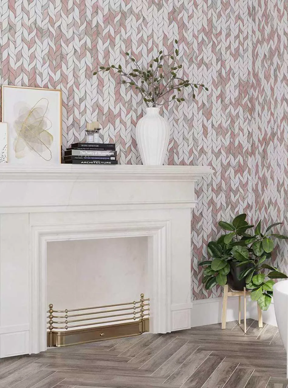 Finished living room with a soft pink and white leaf-patterned mosaic wall above a fireplace.