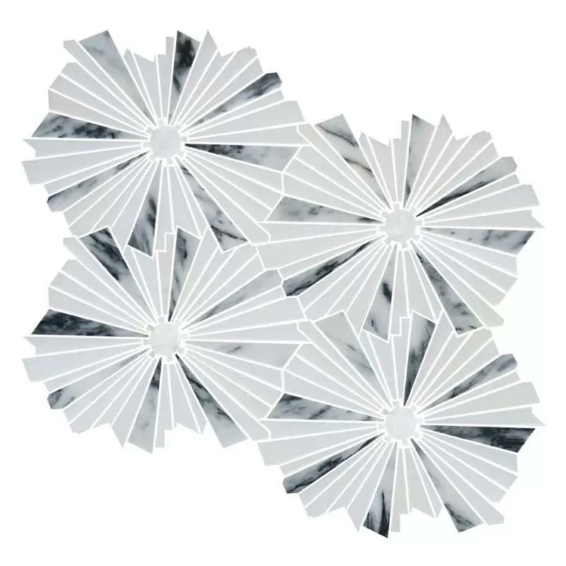 WKD-SD002 pale stone water jet mosaic with radiating fan-like petals and marble accents.