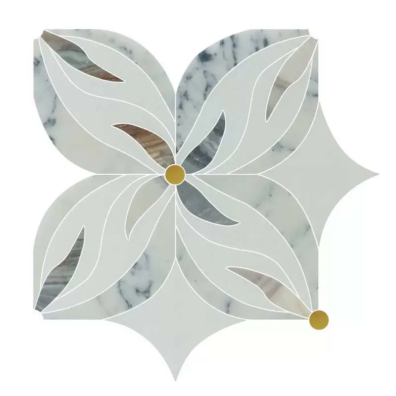 WKD-SD003 pale stone water jet mosaic with sweeping leaf shapes and gold details.