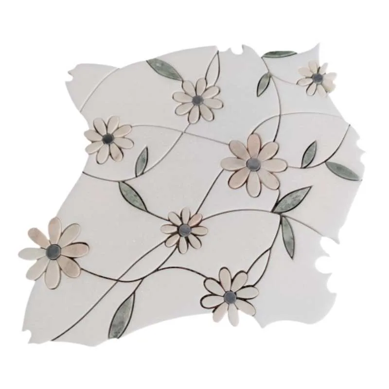 WKD-SD005 pale stone water jet mosaic with hand-drawn flowers and leaves.