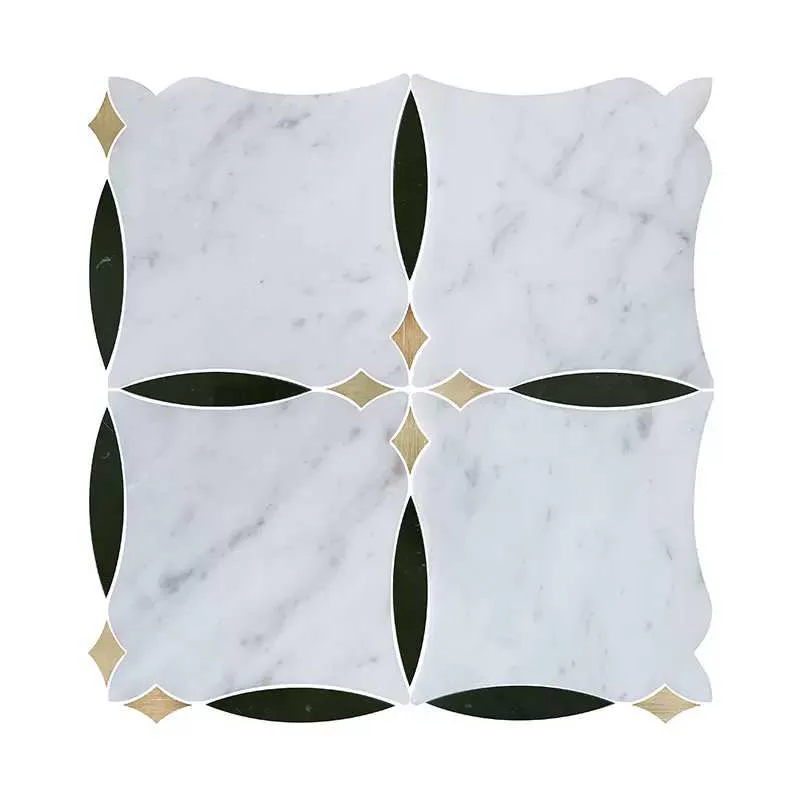 WKD-SD007 white marble water jet mosaic with dark leaf-shaped inlays and gold details.