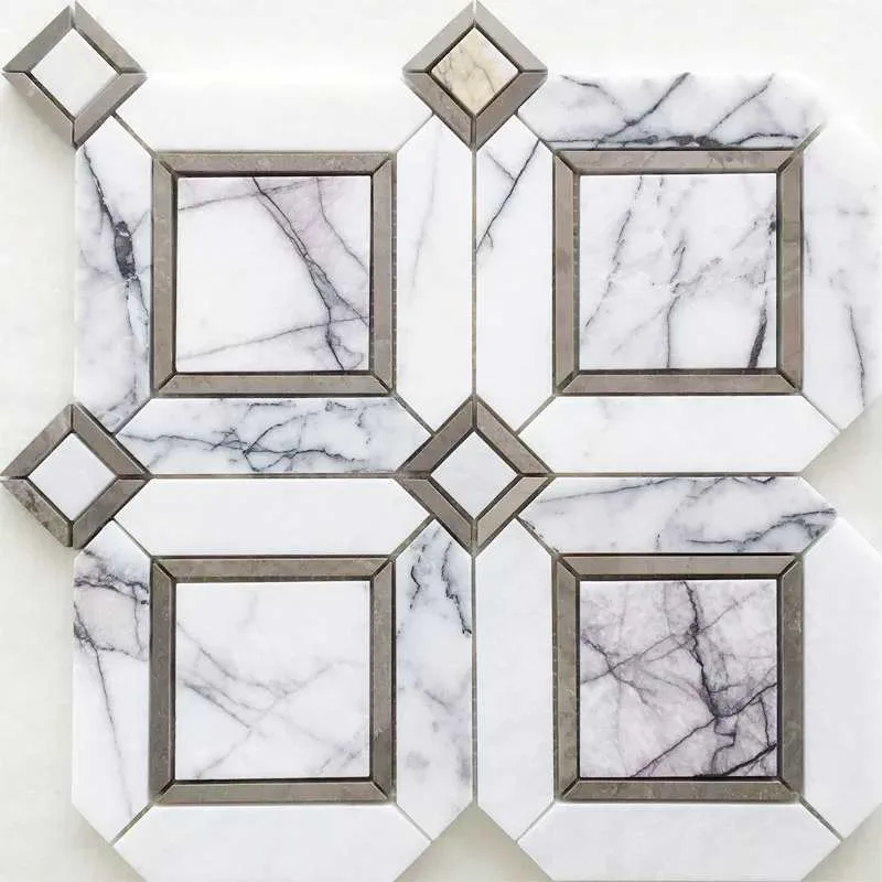WKD-SD009 white marble water jet mosaic with framed square and diamond geometry.