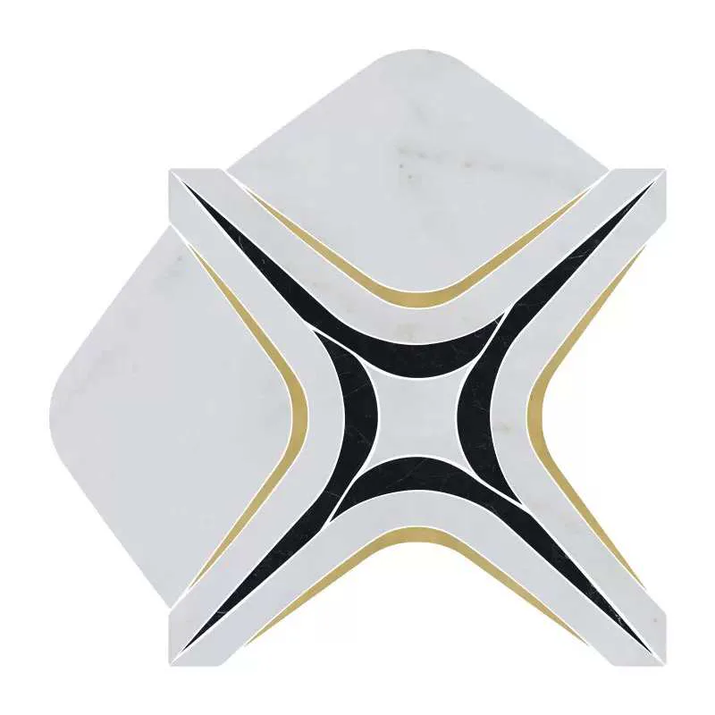 WKD-SD010 white marble water jet mosaic with black and gold curved geometry.