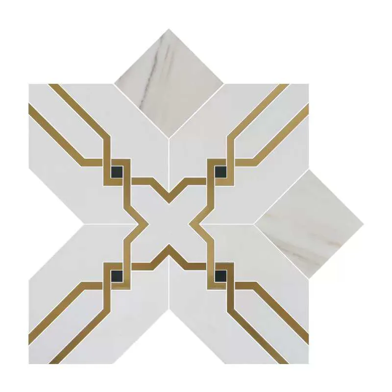 WKD-SD011 white marble water jet mosaic with a gold-lined geometric star pattern.