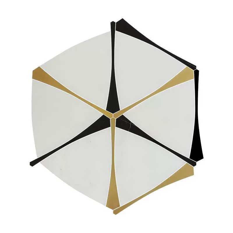 WKD-SD012 pale stone water jet mosaic with black and gold radiating lines.