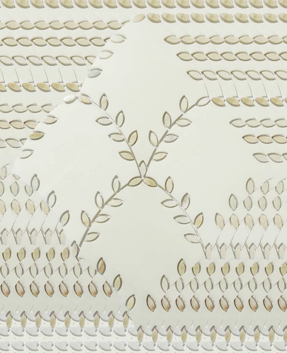 WKD-SD013-2 light stone water jet mosaic with a warm metallic leaf garland pattern.