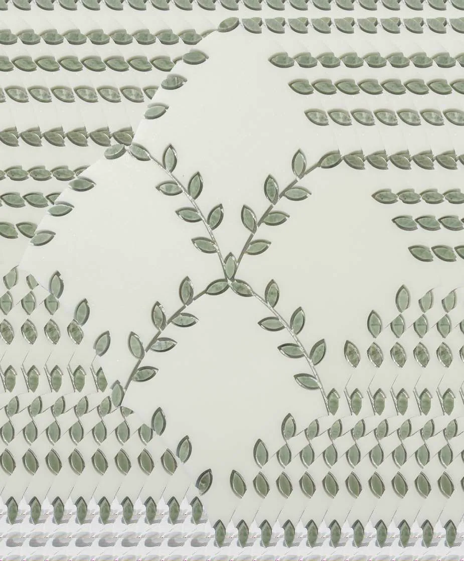 WKD-SD013-3 pale green stone water jet mosaic with a botanical garland pattern.
