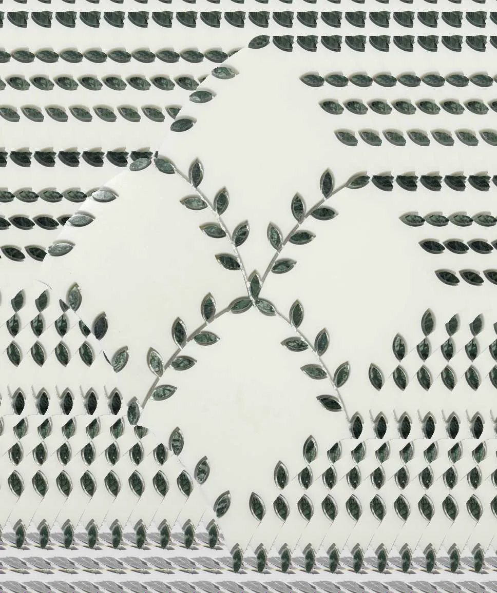 WKD-SD013-4 dark green stone water jet mosaic with a botanical garland pattern.