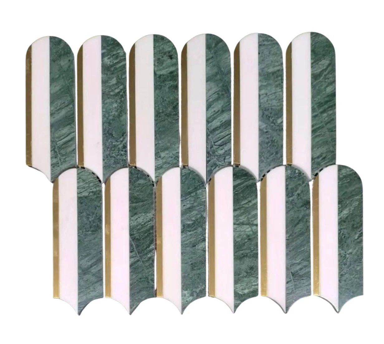 EMB046B-P green and white stone arch mosaic with gold inlay.