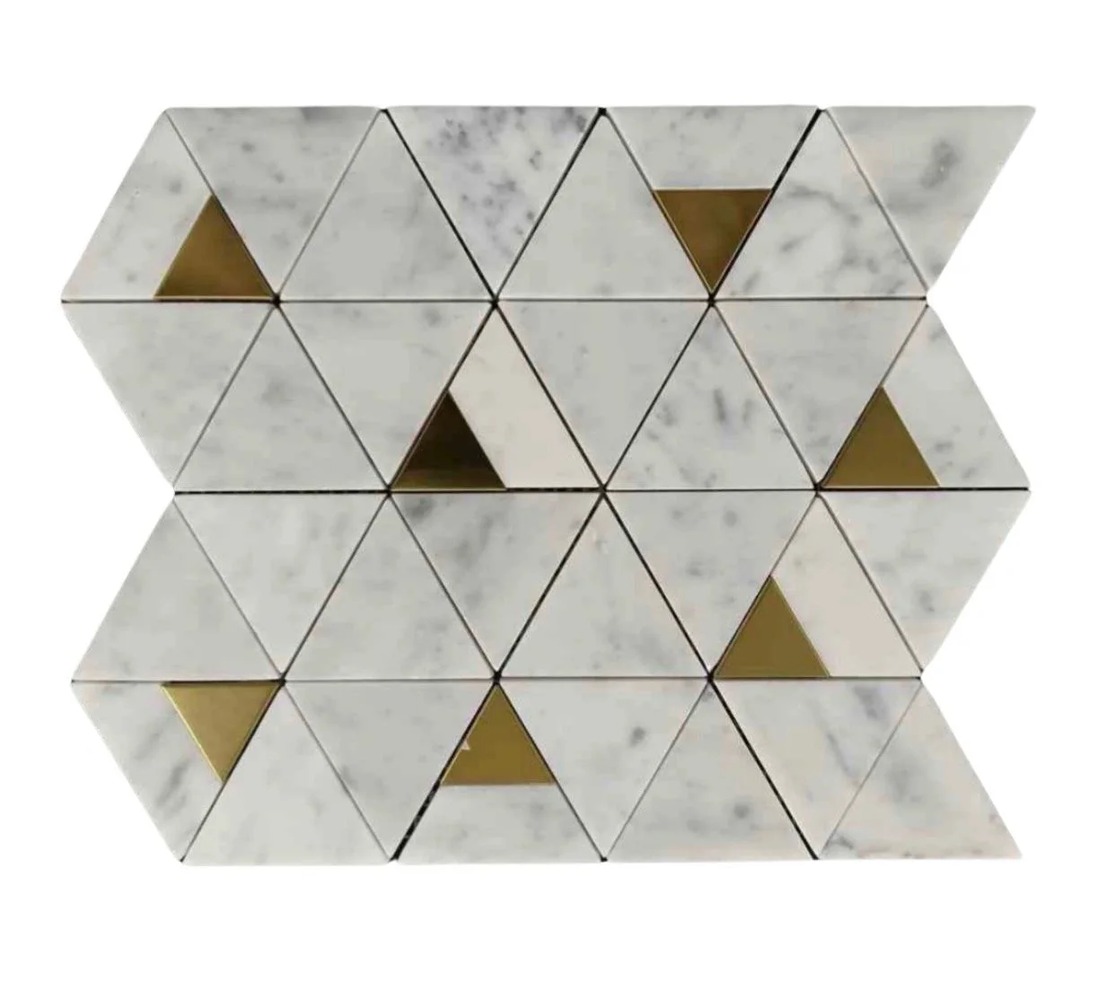 EMB005C-P white marble and brass triangle mosaic tile sample.
