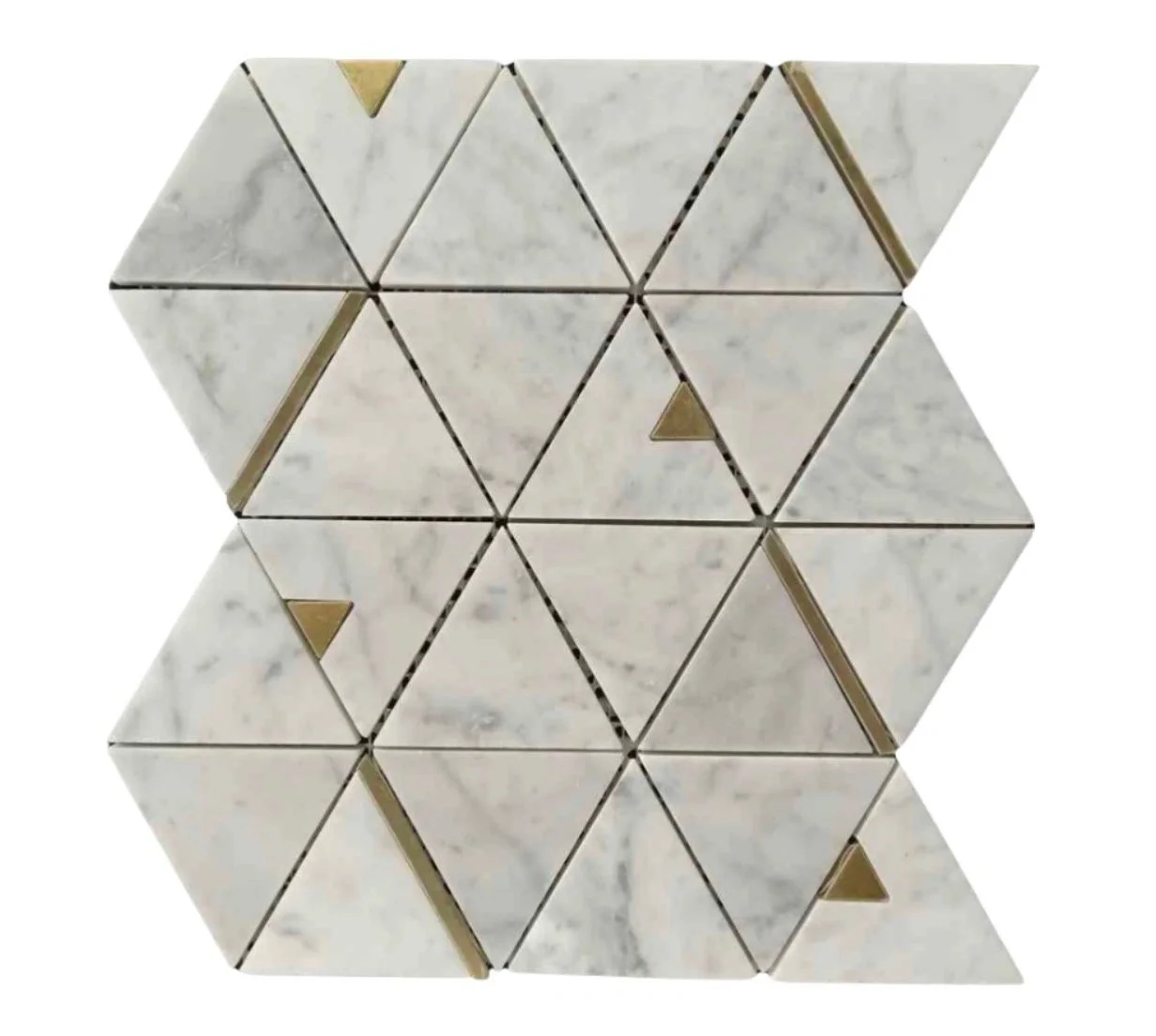 EMB046A-P white marble and brass triangular mosaic tile pattern.