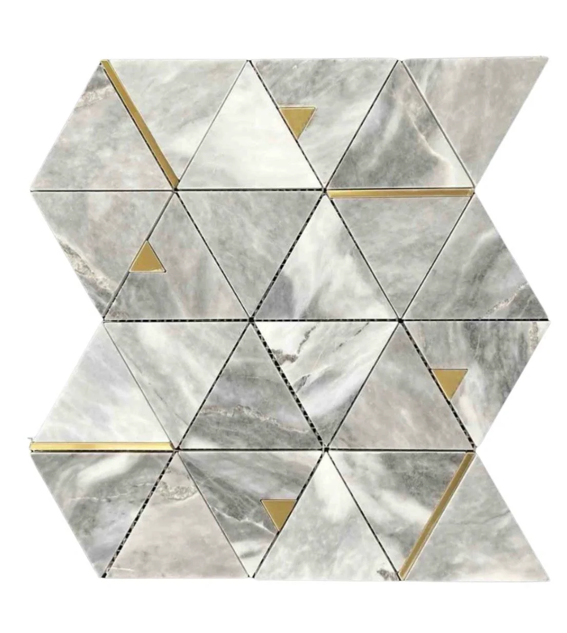 EMB062A-P grey marble and brass triangular mosaic tile pattern.