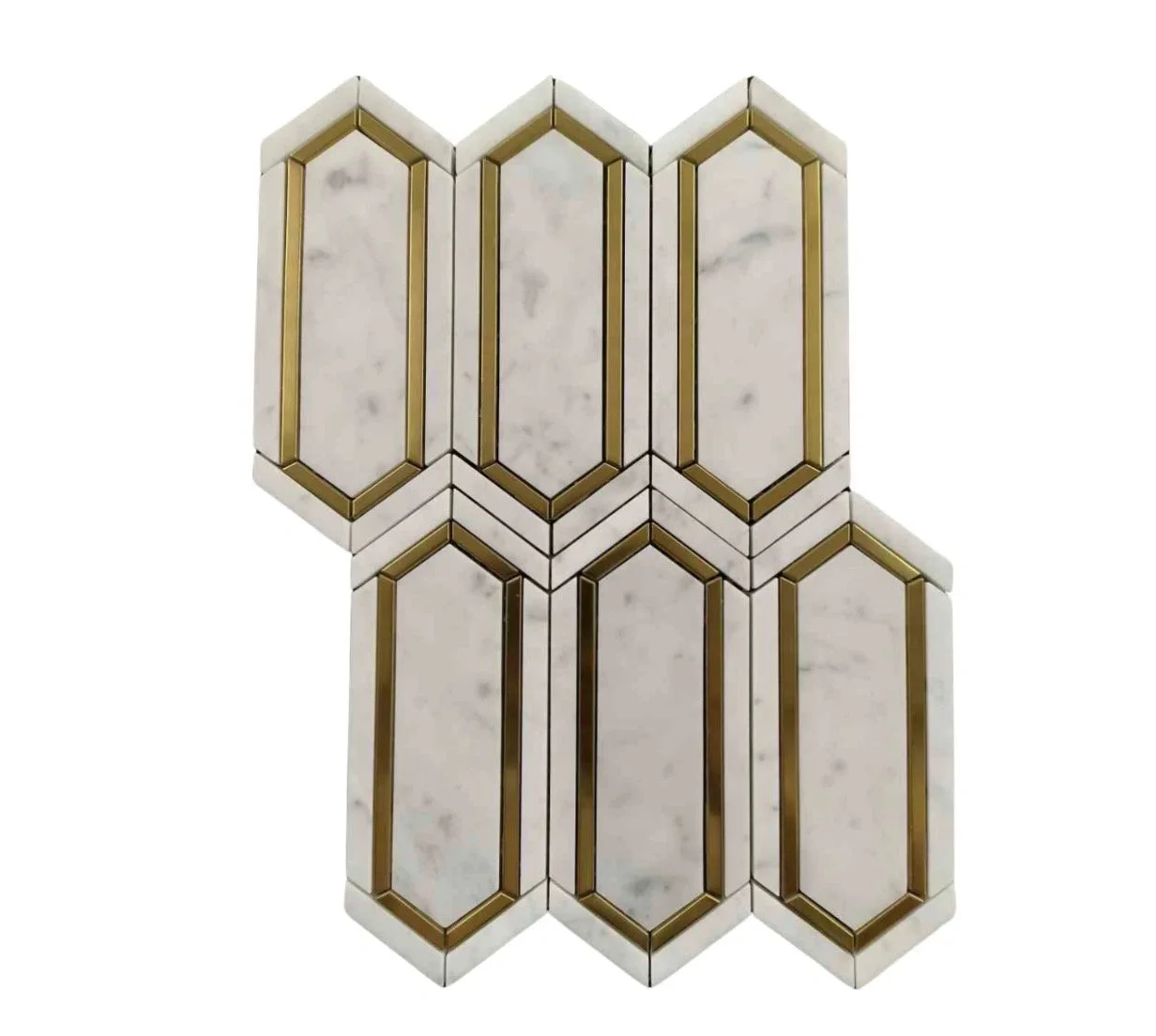 EMA101E-P white marble mosaic with a geometric gold-brass inlay.