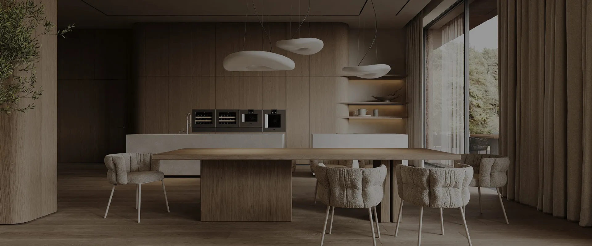 Modern dining and kitchen interior with warm wood wall paneling.