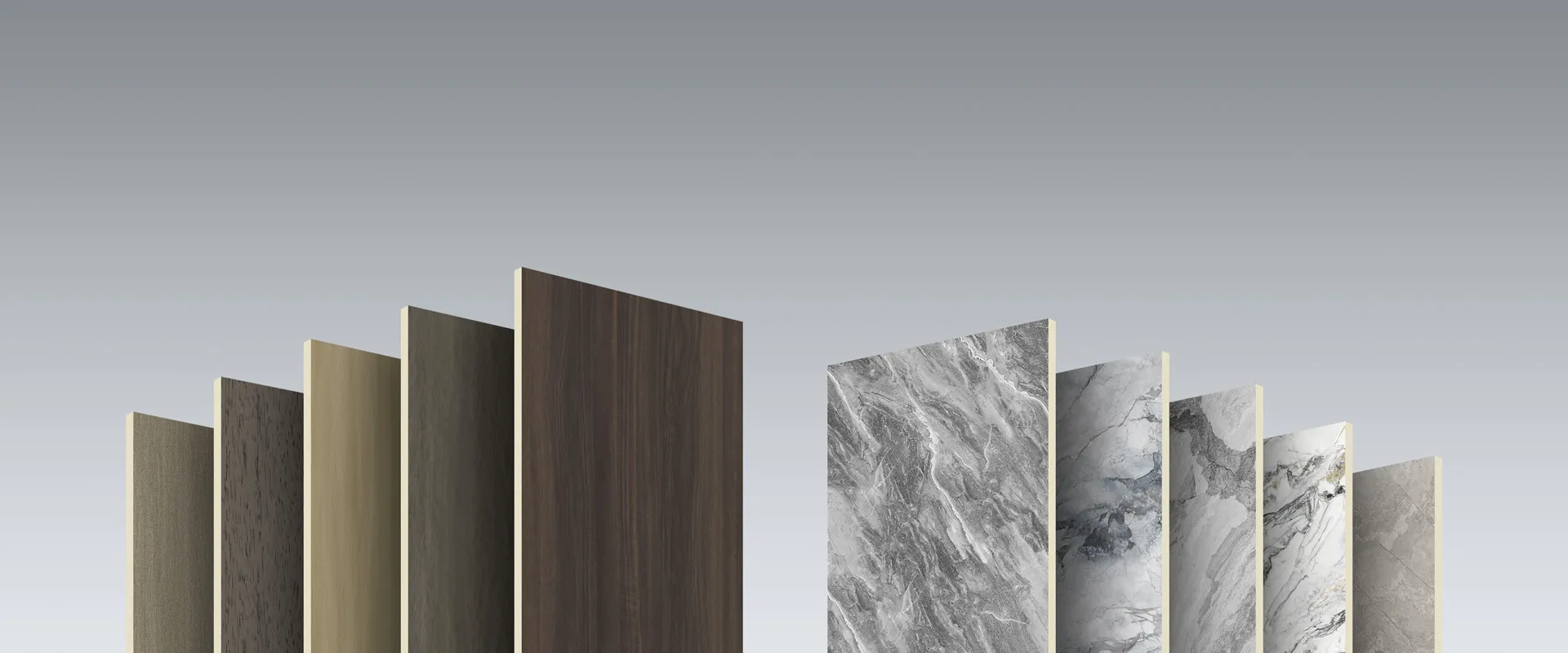 BAIJAX wall panel samples arranged in a fan with wood grain and marble-effect finishes.