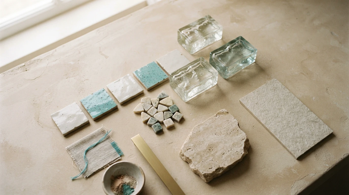 A considered arrangement of ceramic, stone, glass, and mineral samples on a studio table.