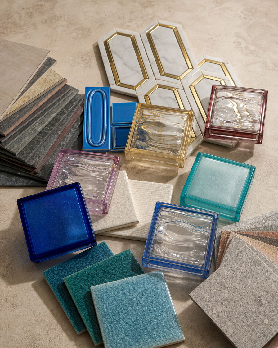A considered mix of ceramic, stone, glass, and mineral material samples arranged on a warm stone table.